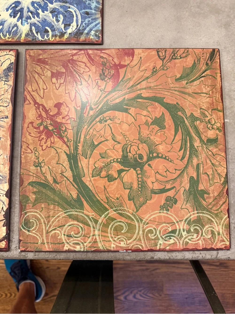 Set of 3 Decorative Floral Wall Tiles - Blue, Cream & Coral